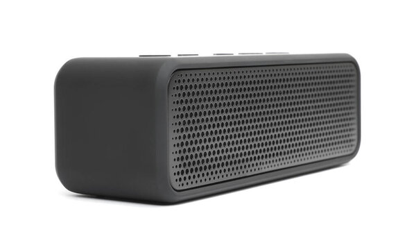 One black portable bluetooth speaker isolated on white. Audio equipment