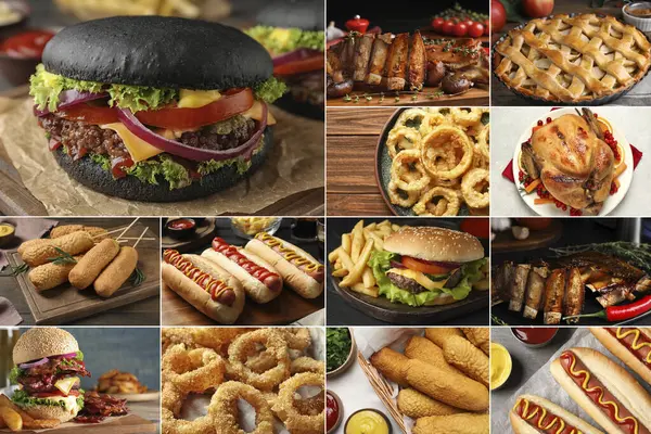 Different tasty American dishes. Collage with burgers, hot dogs, roasted ribs, apple pie and others
