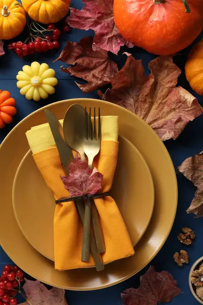Thanksgiving Day Beautiful Table Setting Autumn Decoration Flat Lay Royalty Free Stock Images