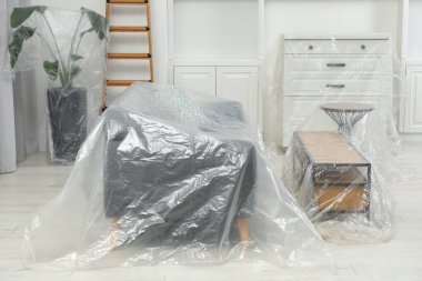 Modern mobilya, plastik film kaplı ev bitkisi ve evde merdiven.