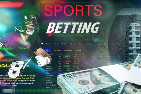 Sports betting. Multiple exposure with American football player, ball, money and website page