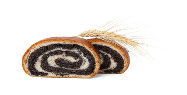 Beyaza izole edilmiş haşhaş tohumu dilimleri ve dikenli dikenler. Pasta nefis.