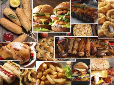 Farklı lezzetli Amerikan yemekleri. Hamburgerli kolaj, sosisli, pirzola, elmalı turta ve diğerleri.