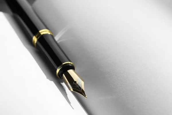 Stylish Black Fountain Pen Open Notebook Closeup Space Text — Stock Photo, Image