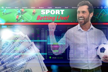 Spor bahisleri web sitesi sayfası, para ve duygusal adam ile çoklu pozlama