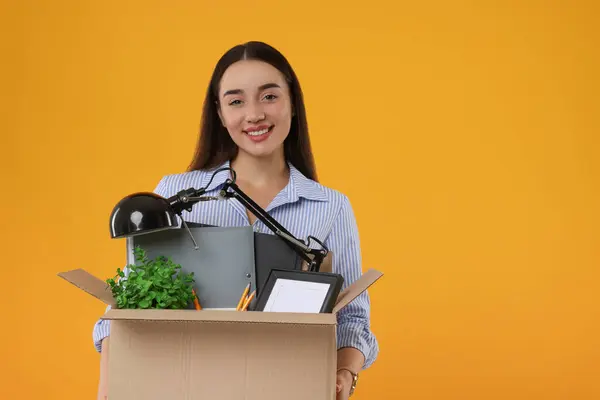 Happy Unemployed Woman Holding Box Personal Office Belongings Orange Background — Stock Photo, Image