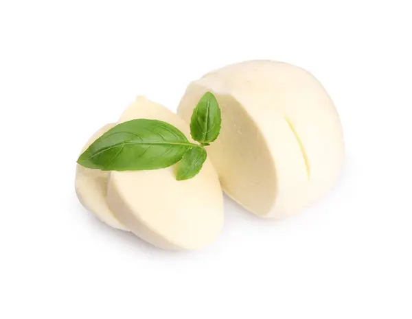 Slices Tasty Mozzarella Basil Leaves Isolated White — Stock Photo, Image