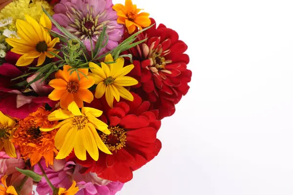 Bouquet of beautiful wild flowers isolated on white, top view