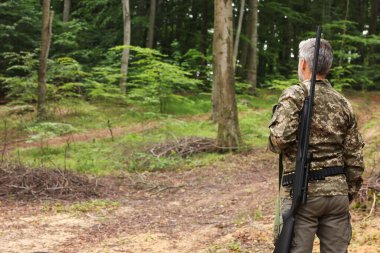 Man with hunting rifle wearing camouflage in forest, back view. Space for text clipart