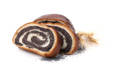 Beyaza izole edilmiş haşhaş tohumu dilimleri ve dikenli dikenler. Pasta nefis.