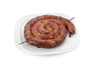 Bir halka leziz ev yapımı sosis beyaz üzerine izole edilmiş.