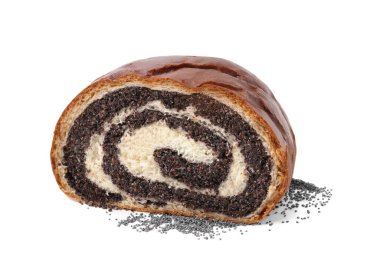 Bir parça haşhaş tohumu beyaza izole edilmiş. Pasta nefis.