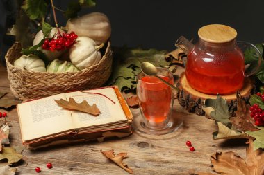 Lezzetli viburnum çayı, ahşap masada kitaplar ve balkabakları. Sıcak sonbahar atmosferi