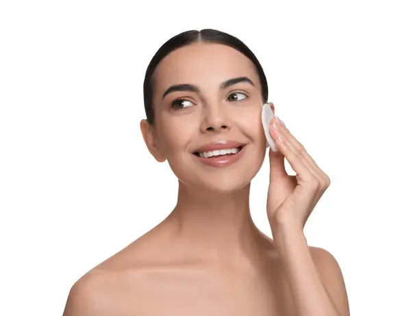 Beautiful Woman Removing Makeup Cotton Pad White Background — Stock Photo, Image