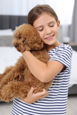 Evinde şirin bir köpek yavrusu olan küçük bir çocuk. Sevimli hayvan