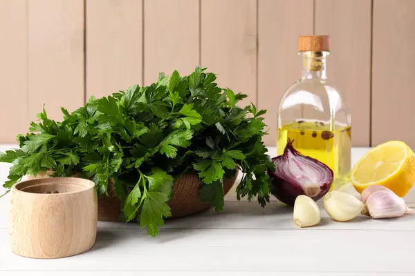 Fresh Green Parsley Spices Other Products White Wooden Table — Stock Photo, Image