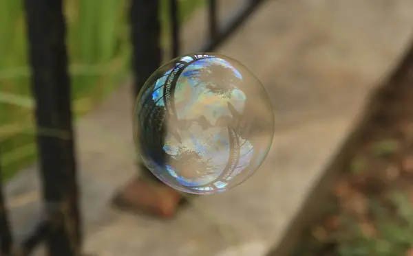 One beautiful clear soap bubble floating outdoors
