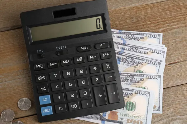 Coins Dollar Banknotes Calculator Wooden Table Flat Lay Pension Planning — Stock Photo, Image