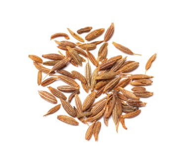 Beyaz, üst görünüm izole aromatik oyma (Farsça kimyon) tohum yığını