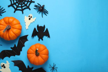 Açık mavi arka planda yarasalar, balkabakları, hayaletler ve örümceklerle düz bir bileşim yatıyordu. Cadılar Bayramı