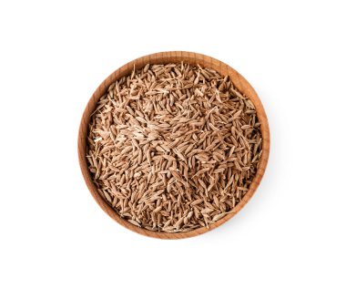 Beyaz, üst görünümde izole edilmiş aromatik kimyon (Farsça kimyon) tohumları kasesi