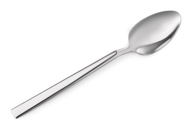 Bir yeni parlak kaşık beyaza izole edilmiş.