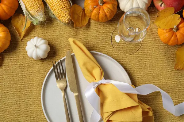 Happy Thanksgiving Day Beautiful Table Setting Autumn Decoration Flat Lay Stock Photo