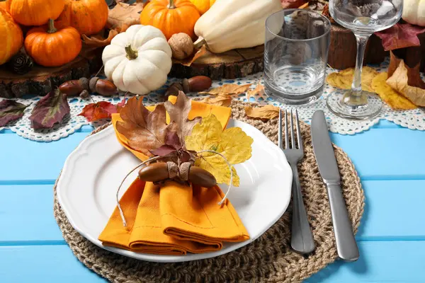 Happy Thanksgiving Day Beautiful Table Setting Autumn Decor Light Blue Stock Photo