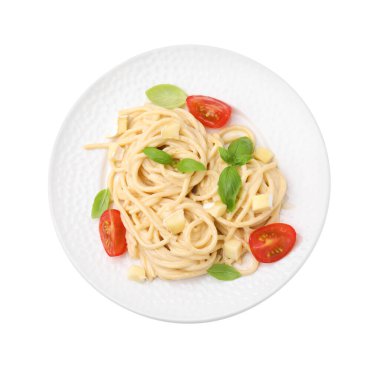 Krem peynirli, domatesli ve fesleğenli lezzetli makarna.