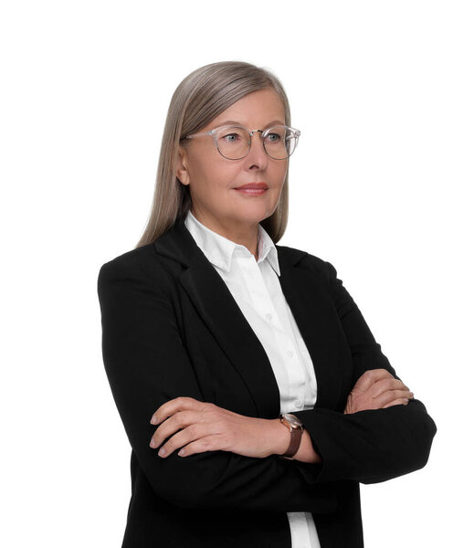 Portrait of confident woman in glasses with crossed arms on white background. Lawyer, businesswoman, accountant or manager