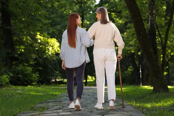Senior lady with walking cane and young woman in park, back view