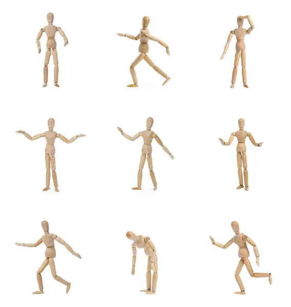 Wooden puppet on white background, collection of different poses