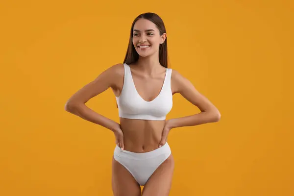 Young Woman Stylish White Bikini Orange Background — Stock Photo, Image