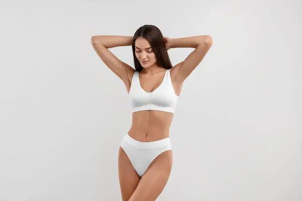 Young Woman Stylish Bikini White Background — Stock Photo, Image