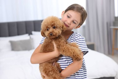 Yatak odasında köpek yavrusu olan küçük bir çocuk. Sevimli hayvan