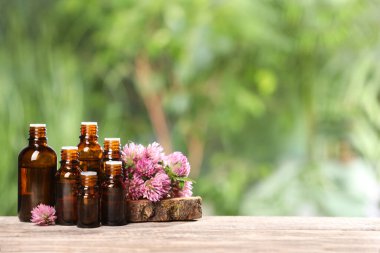 Kaliteli yağ ve yonca çiçekli şişeler ahşap masada bulanık yeşil arka planda. Metin için boşluk