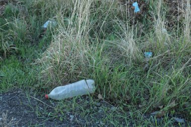 Açık havada plastik şişe, mesaj için boşluk. Çevre kirliliği kavramı