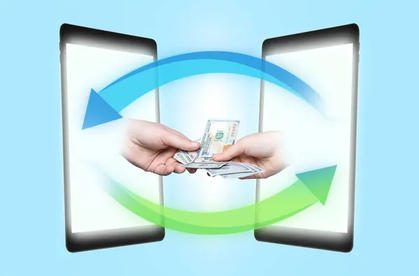 Online money transfer. Man giving dollar banknotes to woman, closeup. Mobile phones with hands and arrows on light blue background