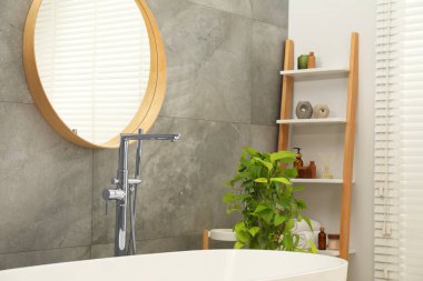 Spa günü. Seramik küvet aynası ve yeşil saksı bitkisi olan şık bir banyo.