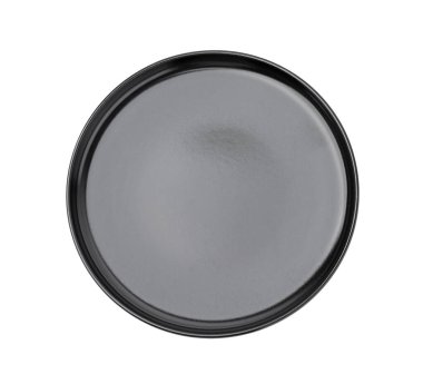 Bir siyah seramik tabak beyaza izole edilmiş, üst manzara. Mutfak aletleri