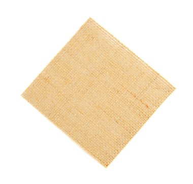 Çuval bezi parçası beyaza izole edilmiş, üst görünüm