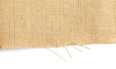 Çuval bezi parçası beyaza izole edilmiş, üst görünüm