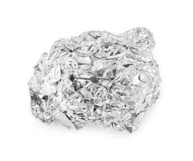 Buruşmuş alüminyum folyo beyaz, üst görünümde izole edildi