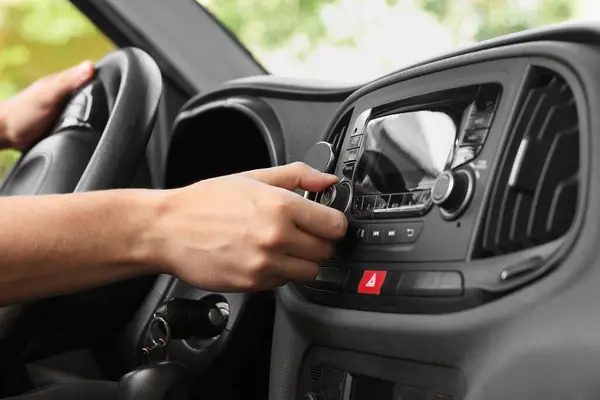 Listening Radio While Driving Man Turning Volume Button Vehicle Audio — Stock Photo, Image