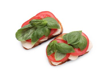 Nefis Caprese sandviçleri, mozarella, domates ve fesleğen beyaza izole edilmiş, üst manzara.