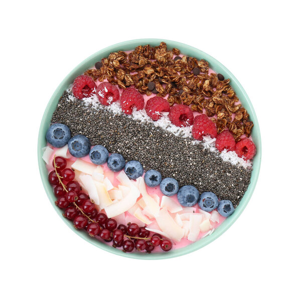 Tasty smoothie bowl with fresh berries and granola isolated on white, top view