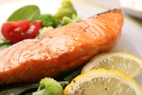 Healthy Meal Piece Grilled Salmon Vegetables Lemon Spinach Table Closeup Stock Picture