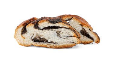 Beyaza izole edilmiş haşhaş tohumu dilimleri. Pasta nefis.