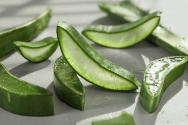 Taze aloe vera parçaları beyaz masada, yakın plan.