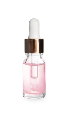 Beyaza izole edilmiş bir şişe kozmetik serumu.